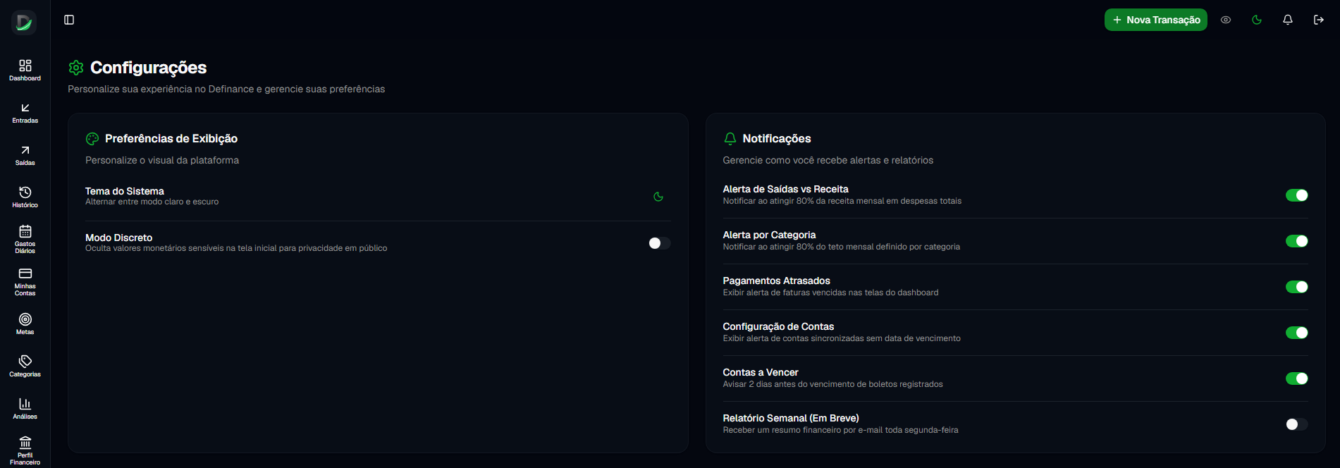 Painel de configurações do sistema